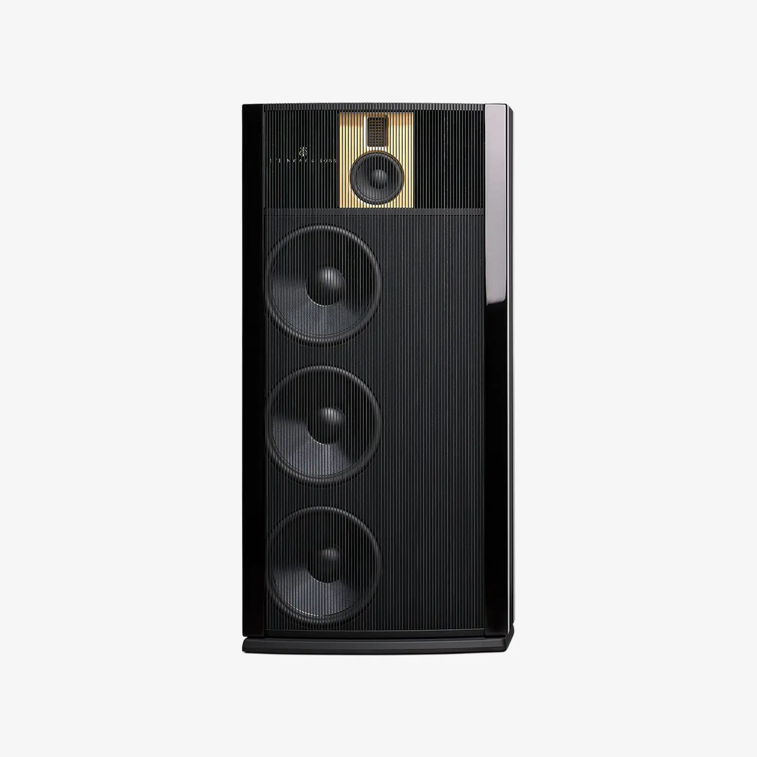Enceinte dipôle Steinway Lyngdorf Model B en finition noire et dorée, conçue pour un son ouvert et précis.