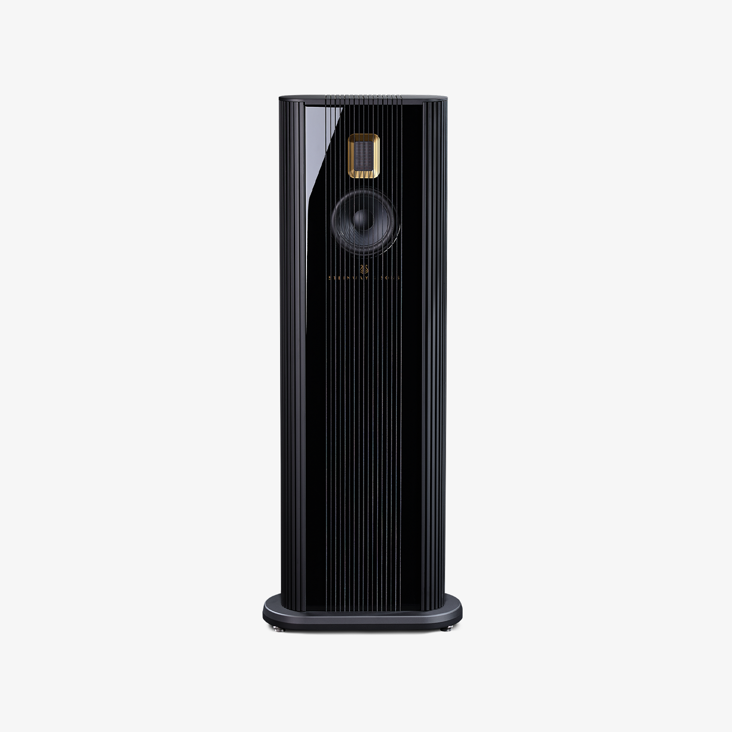 Enceinte Steinway Lyngdorf Model O, colonne compacte full-range, finition noire brillante.
