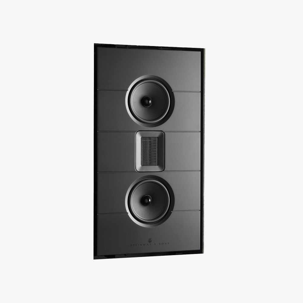 Enceinte Steinway Lyngdorf Model M L/R, compacte, on-wall ou in-wall, avec tweeter Air Motion Transformer et médium aluminium pour un son clair et net.