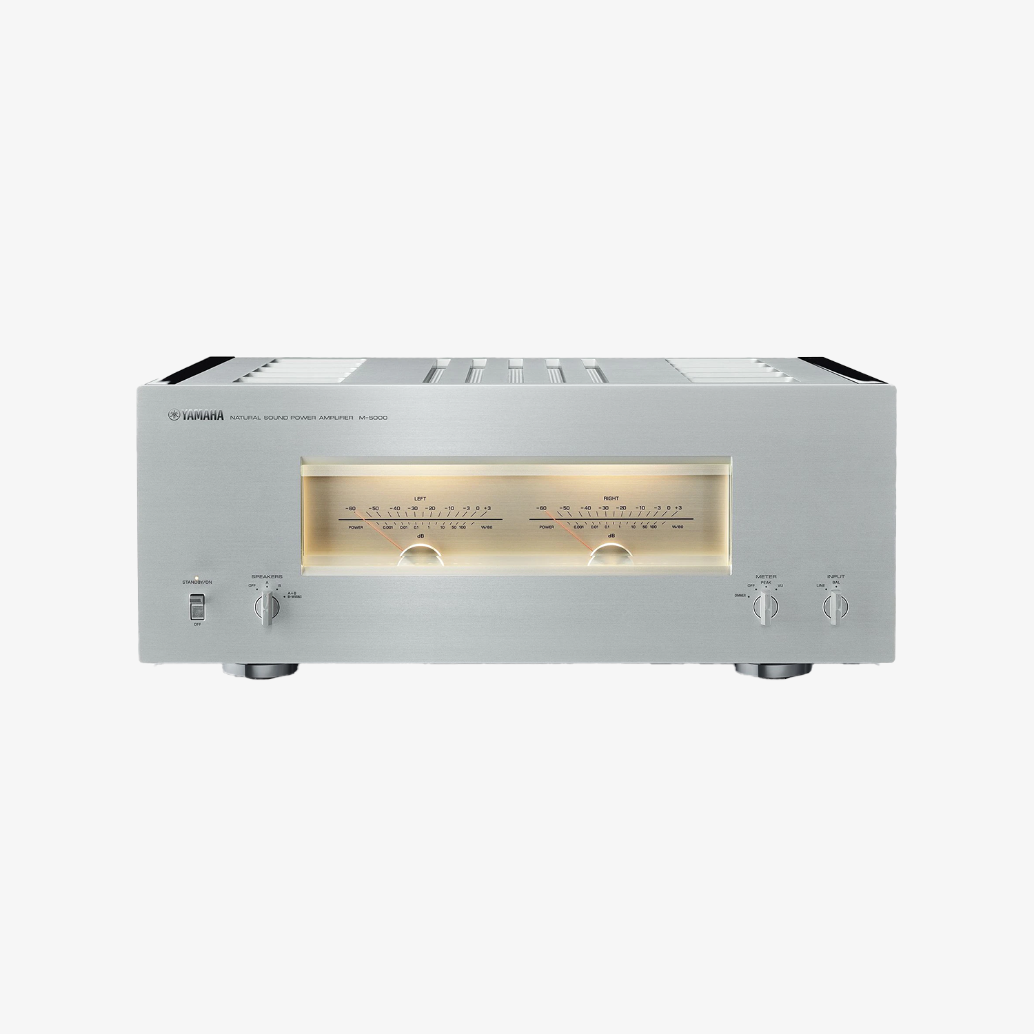 Bloc de puissance Yamaha M-5000 noir, face avant avec grands vumètres rétroéclairés et boutons de sélection.