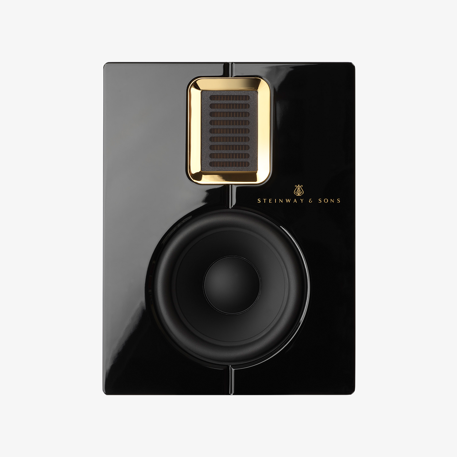 Enceinte Steinway Lyngdorf Model S-15 en finition noire brillante, design compact et élégant.